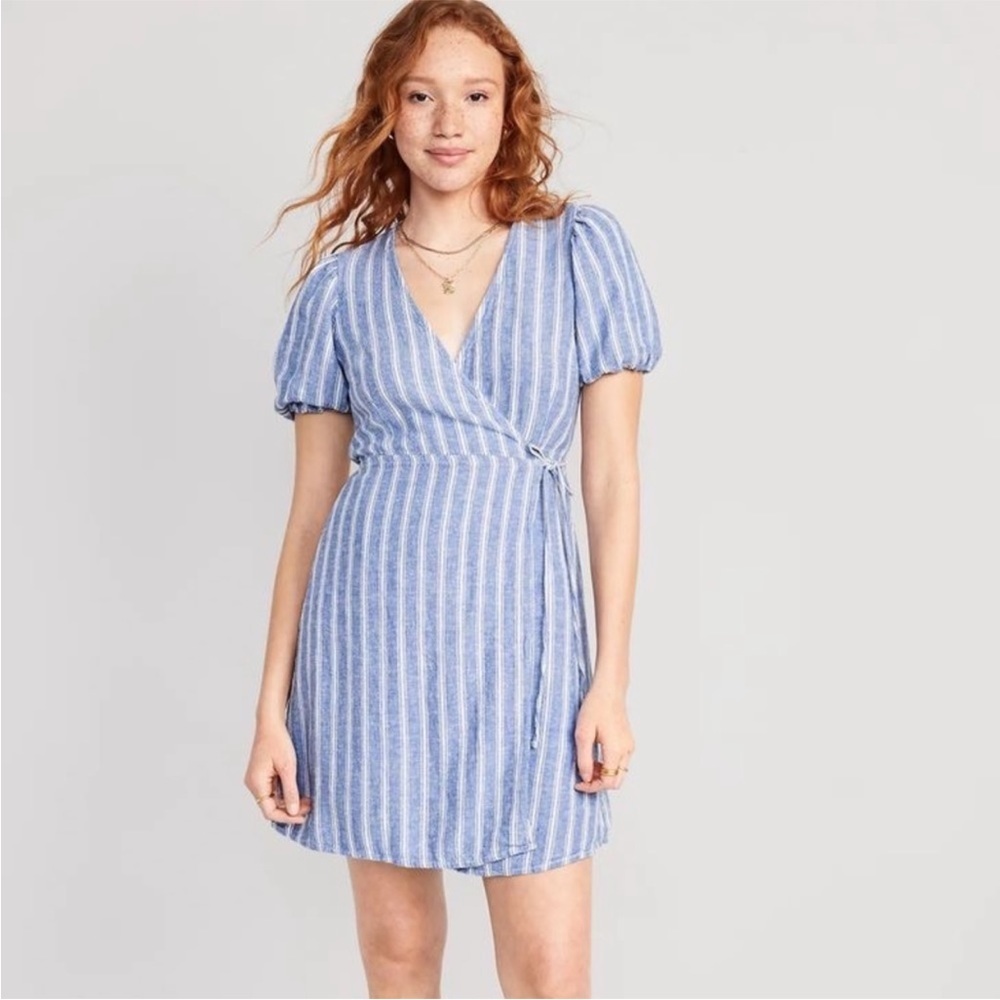 Old Navy Blue Striped Linen Puff Sleeve Wrap Dress